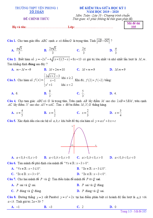 Đề kiểm tra giữa HK1 Toán 10 năm 2019 2020 trường Yên Phong 1 Bắc Ninh