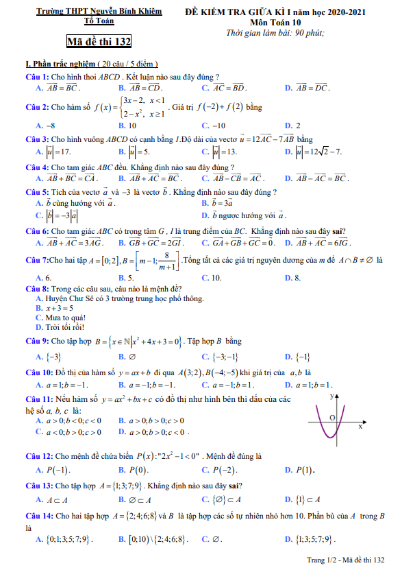 Đề kiểm tra giữa HK1 Toán 10 năm 2020 2021 trường Nguyễn Bỉnh Khiêm Gia Lai