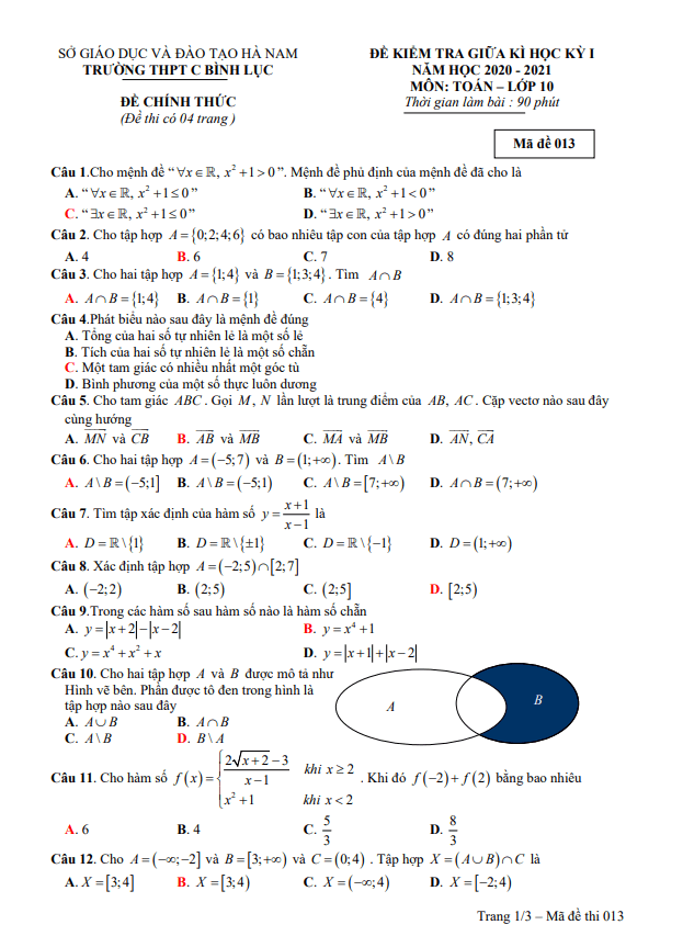 Đề kiểm tra giữa HK1 Toán 10 năm 2020 2021 trường THPT C Bình Lục Hà Nam