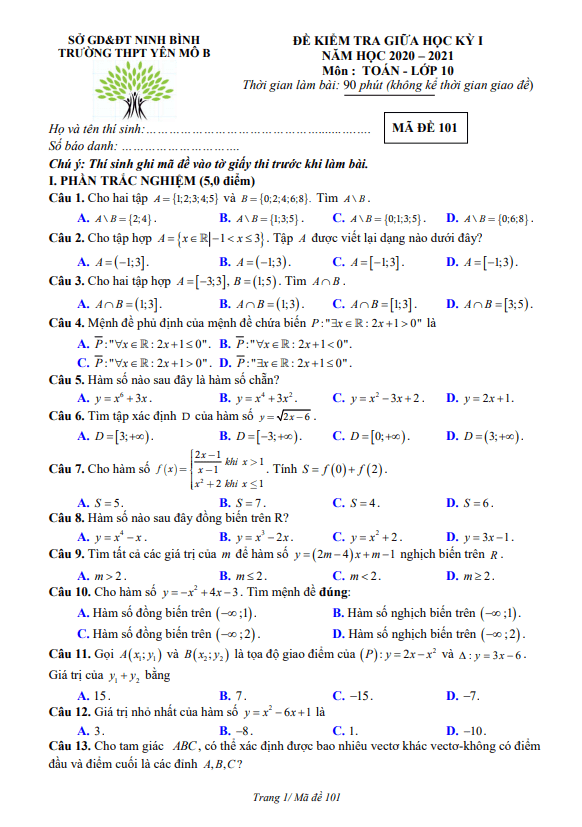 Đề kiểm tra giữa HK1 Toán 10 năm 2020 2021 trường THPT Yên Mô B Ninh Bình