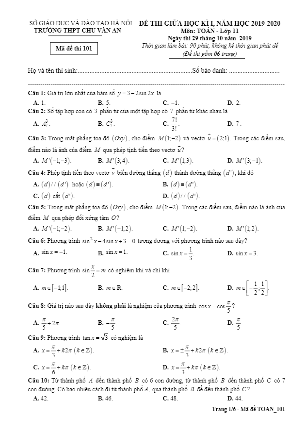 Đề kiểm tra giữa HK1 Toán 11 năm 2019 2020 trường Chu Văn An Hà Nội