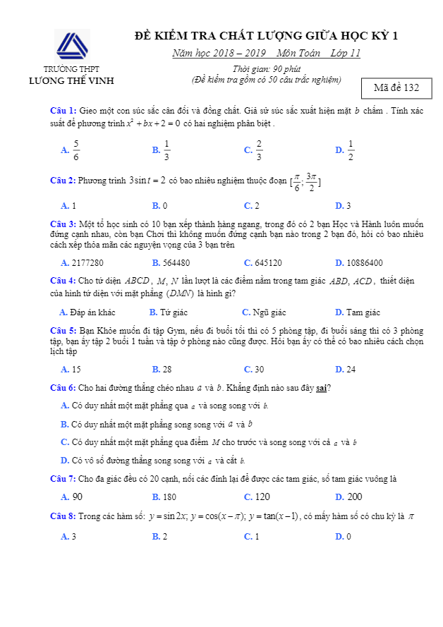 Đề kiểm tra giữa HK1 Toán 11 năm 2019 2020 trường Lương Thế Vinh Hà Nội