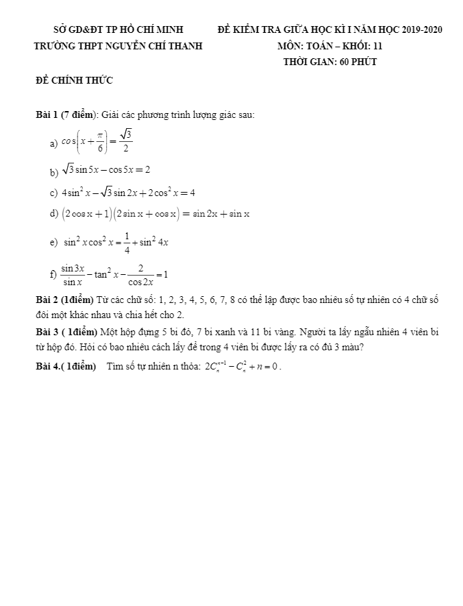 Đề kiểm tra giữa HK1 Toán 11 năm 2019 – 2020 trường Nguyễn Chí Thanh – TP HCM