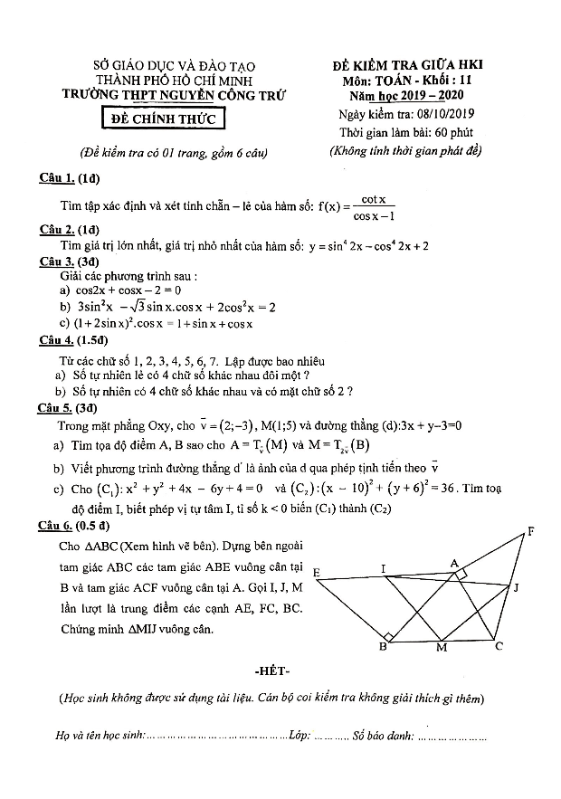Đề kiểm tra giữa HK1 Toán 11 năm 2019 2020 trường Nguyễn Công Trứ TP HCM