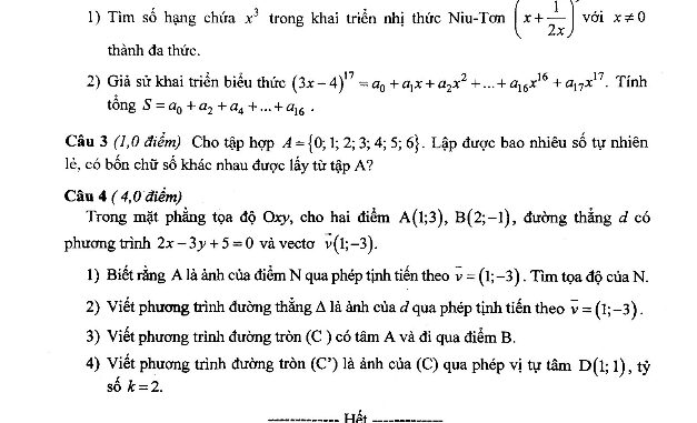 Đề kiểm tra giữa HK1 Toán 11 năm 2019 2020 trường Trần Hưng Đạo Hà Nội