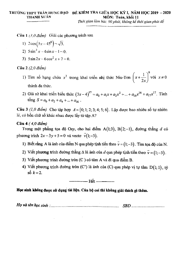 Đề kiểm tra giữa HK1 Toán 11 năm 2019 2020 trường Trần Hưng Đạo Hà Nội