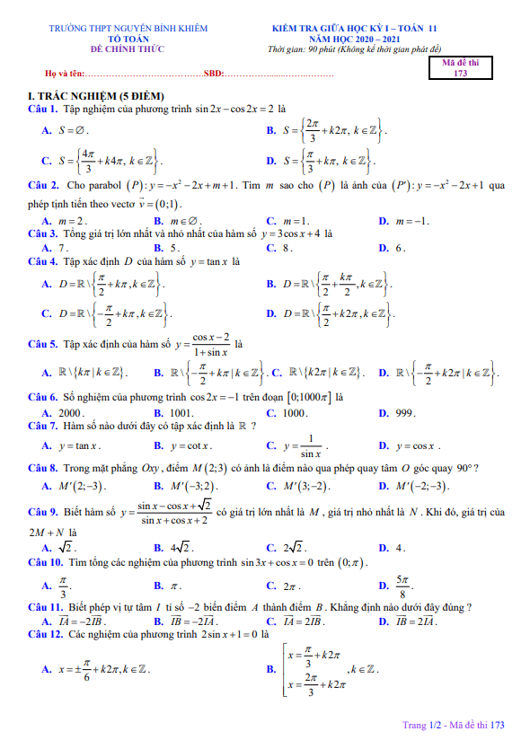 Đề kiểm tra giữa HK1 Toán 11 năm 2020 2021 trường Nguyễn Bỉnh Khiêm Gia Lai