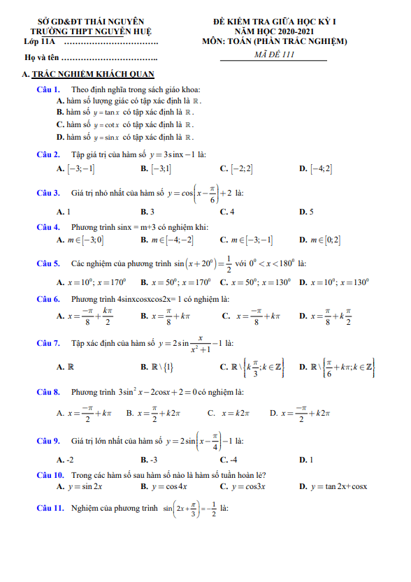 Đề kiểm tra giữa HK1 Toán 11 năm 2020 2021 trường THPT Nguyễn Huệ Thái Nguyên