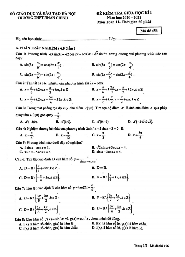 Đề kiểm tra giữa HK1 Toán 11 năm 2020 2021 trường THPT Nhân Chính Hà Nội