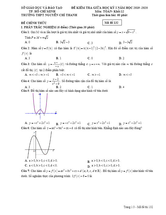 Đề kiểm tra giữa HK1 Toán 12 năm 2019 – 2020 trường Nguyễn Chí Thanh – TP HCM