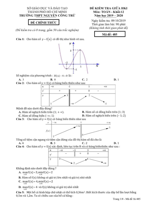 Đề kiểm tra giữa HK1 Toán 12 năm 2019 2020 trường Nguyễn Công Trứ TP HCM