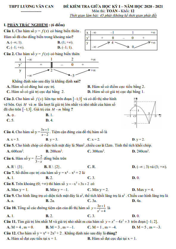 Đề kiểm tra giữa HK1 Toán 12 năm 2020 2021 trường THPT Lương Văn Can TP HCM