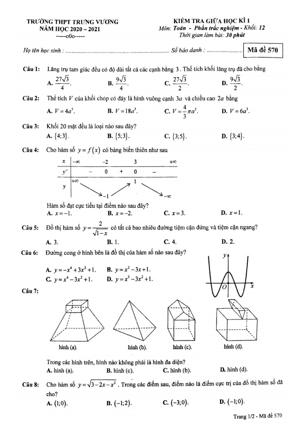 Đề kiểm tra giữa HK1 Toán 12 năm 2020 2021 trường THPT Trưng Vương TP HCM