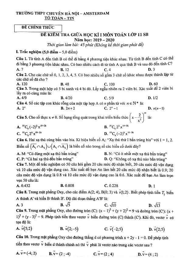Đề kiểm tra giữa HKI Toán 11 năm 2019 2020 trường chuyên Hà Nội Amsterdam