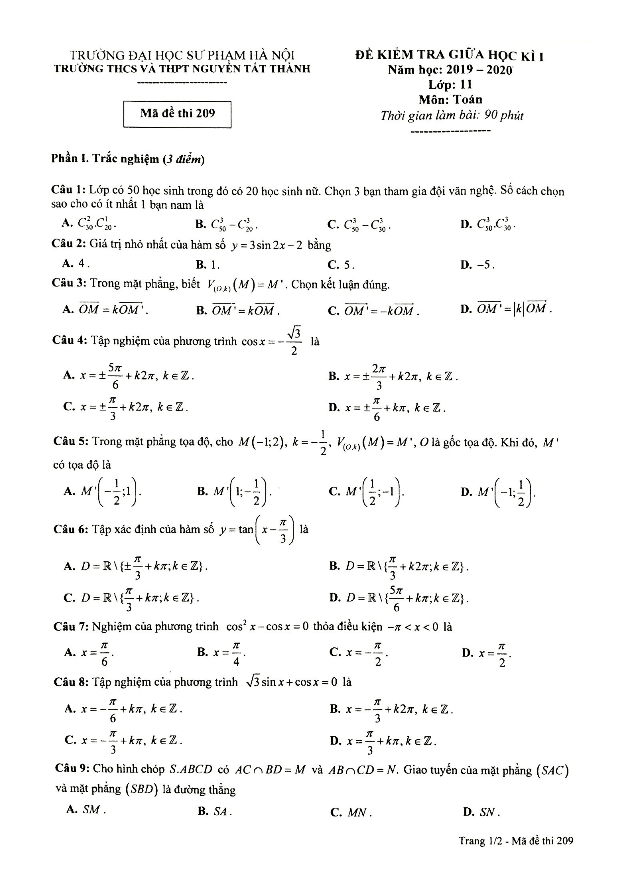 Đề kiểm tra giữa học kì 1 Toán 11 năm 2019 2020 trường Nguyễn Tất Thành Hà Nội