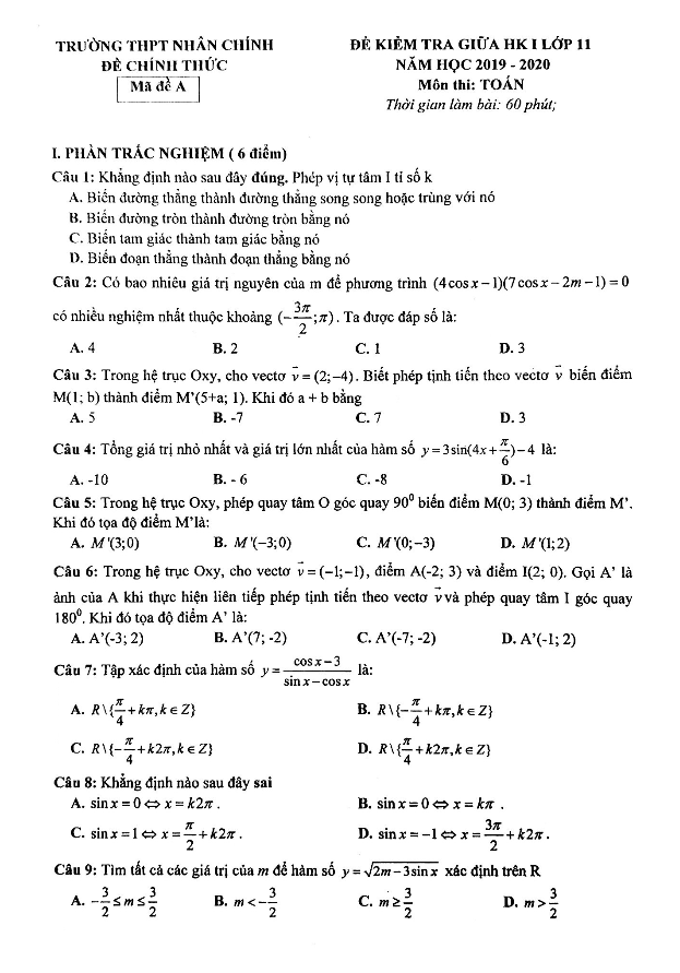 Đề kiểm tra giữa học kì 1 Toán 11 năm 2019 – 2020 trường Nhân Chính – Hà Nội