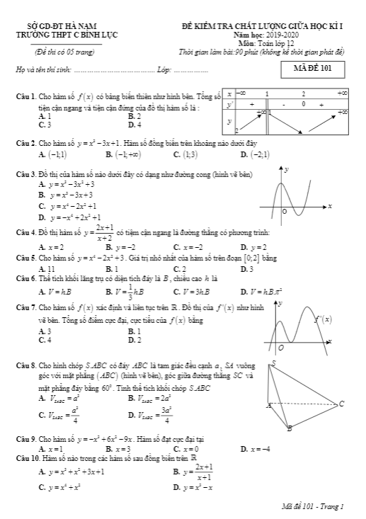Đề kiểm tra giữa học kì 1 Toán 12 năm 2019 2020 trường C Bình Lục Hà Nam