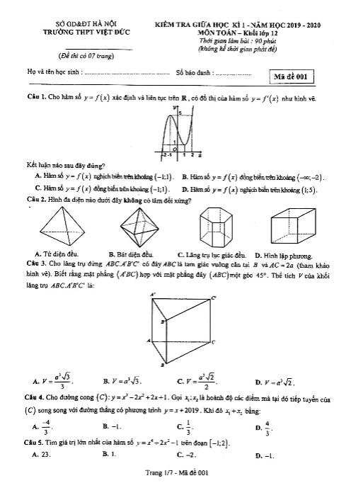 Đề kiểm tra giữa học kì 1 Toán 12 năm 2019 2020 trường Việt Đức Hà Nội