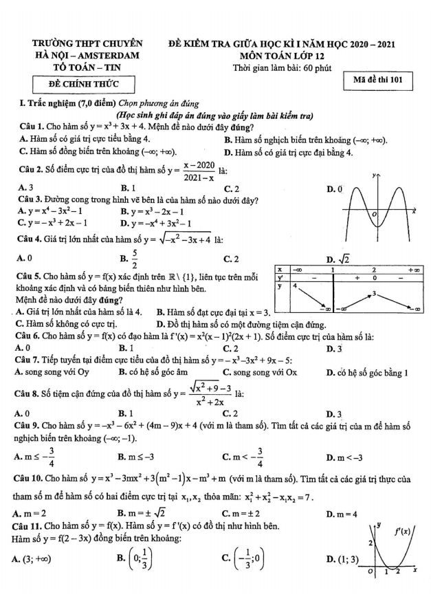 Đề kiểm tra giữa học kì 1 Toán 12 năm 2020 2021 trường chuyên Hà Nội Amsterdam
