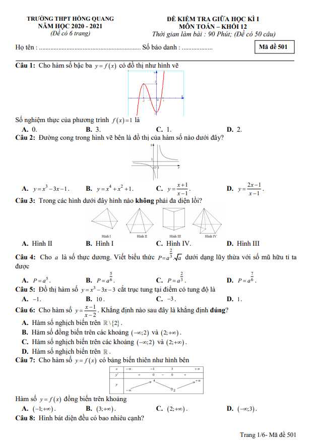 Đề kiểm tra giữa học kì 1 Toán 12 năm 2020 2021 trường THPT Hồng Quang Hải Dương