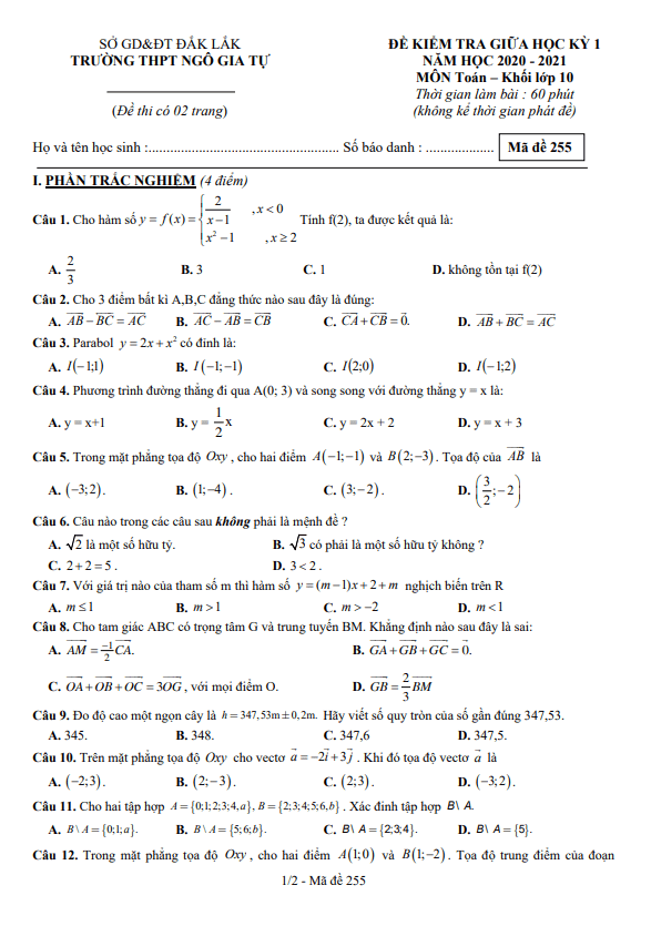 Đề kiểm tra giữa học kỳ 1 Toán 10 năm 2020 2021 trường THPT Ngô Gia Tự Đắk Lắk