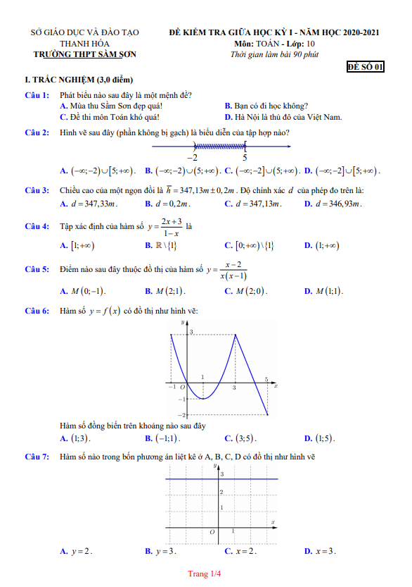 Đề kiểm tra giữa học kỳ 1 Toán 10 năm 2020 2021 trường THPT Sầm Sơn Thanh Hóa