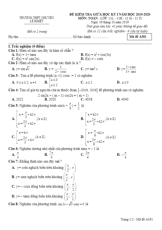 Đề kiểm tra giữa học kỳ 1 Toán 11 năm 2019 2020 trường chuyên Lê Khiết Quảng Ngãi