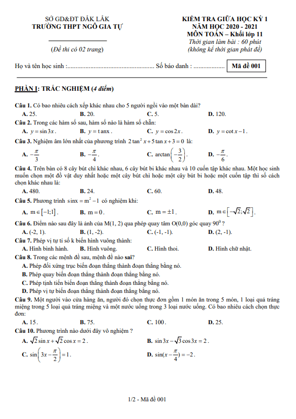 Đề kiểm tra giữa học kỳ 1 Toán 11 năm 2020 2021 trường THPT Ngô Gia Tự Đắk Lắk