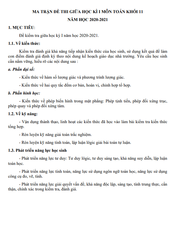 Đề kiểm tra giữa học kỳ 1 Toán 11 năm 2020 2021 trường THPT Sầm Sơn Thanh Hóa