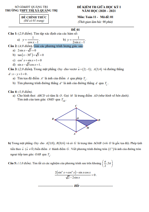 Đề kiểm tra giữa học kỳ 1 Toán 11 năm 2020 2021 trường THPT thị xã Quảng Trị