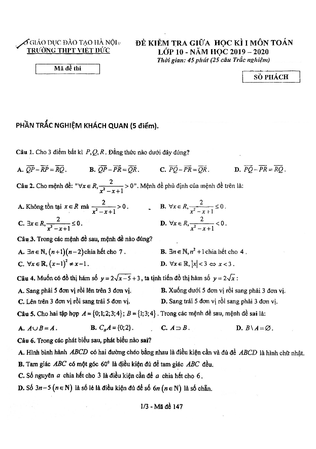 Đề kiểm tra giữa kì 1 Toán 10 năm 2019 2020 trường THPT Việt Đức Hà Nội