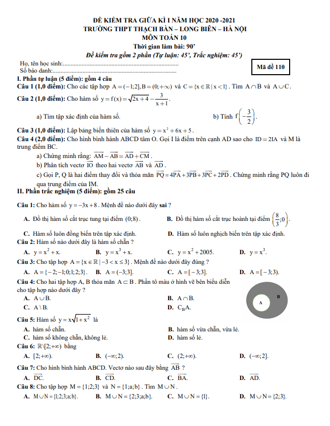 Đề kiểm tra giữa kì 1 Toán 10 năm 2020 2021 trường THPT Thạch Bàn Hà Nội