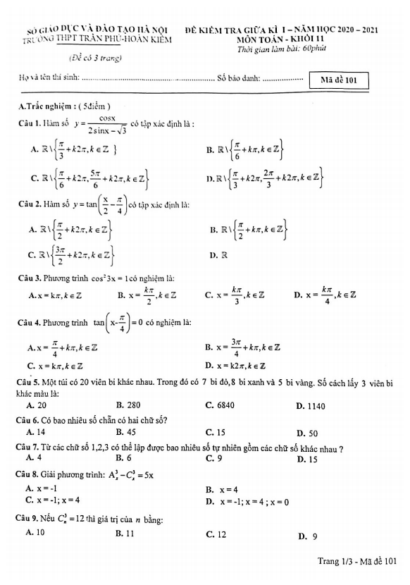 Đề kiểm tra giữa kì 1 Toán 11 năm 2020 2021 trường THPT Trần Phú Hà Nội