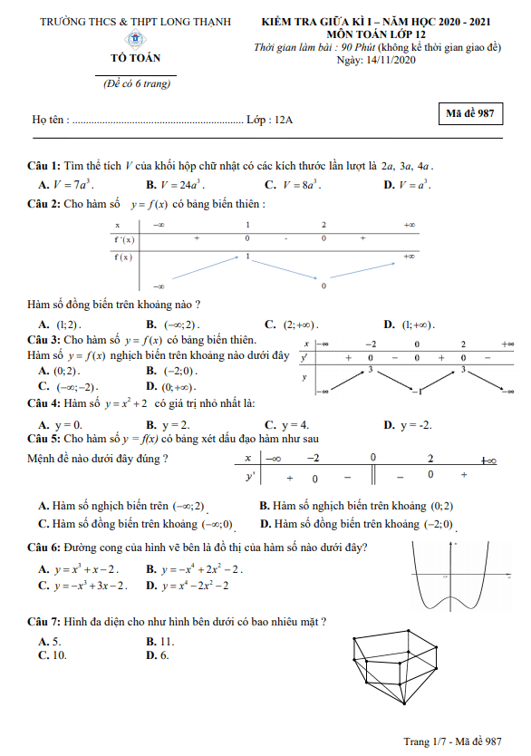 Đề kiểm tra giữa kì 1 Toán 12 năm 2020 2021 trường THCS&THPT Long Thạnh Kiên Giang