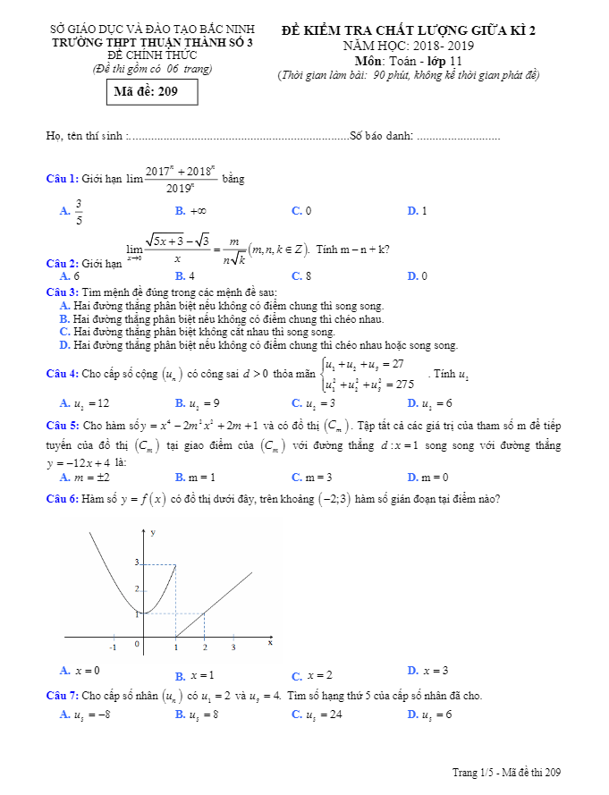 Đề kiểm tra giữa kì 2 Toán 11 năm 2018 2019 trường Thuận Thành 3 Bắc Ninh