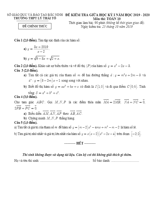 Đề kiểm tra giữa kỳ 1 Toán 10 năm 2019 2020 trường Lý Thái Tổ Bắc Ninh