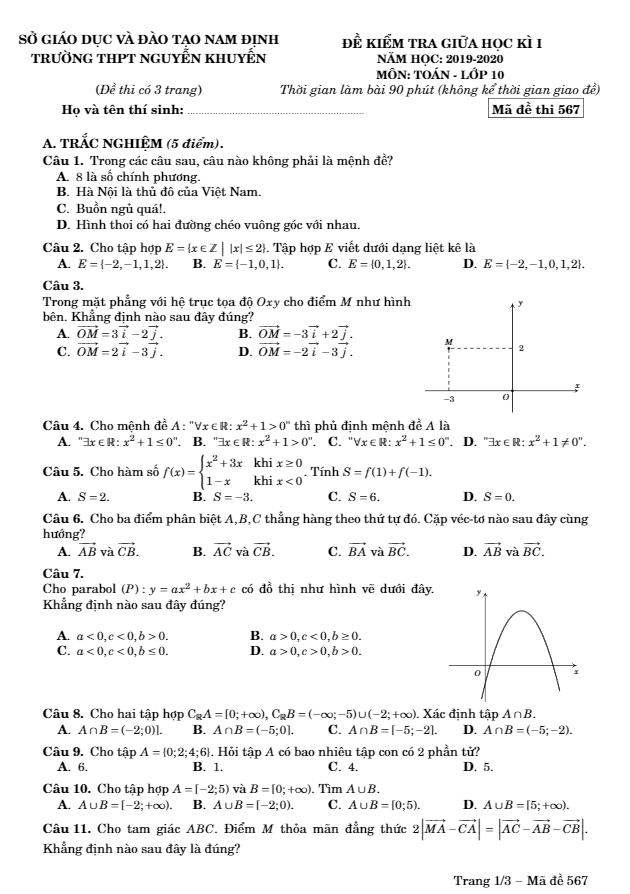 Đề kiểm tra giữa kỳ 1 Toán 10 năm 2019 2020 trường Nguyễn Khuyến Nam Định
