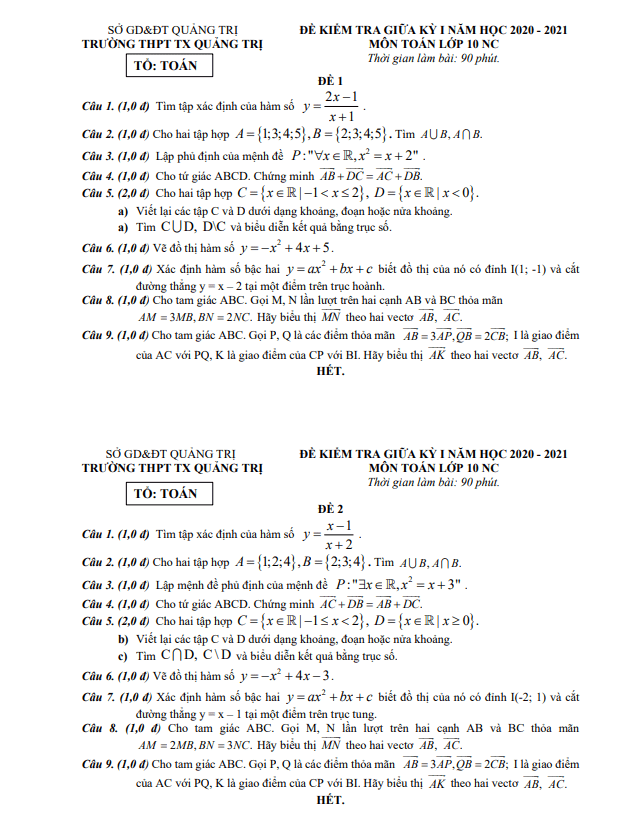 Đề kiểm tra giữa kỳ 1 Toán 10 NC năm 2020 2021 trường THPT TX Quảng Trị
