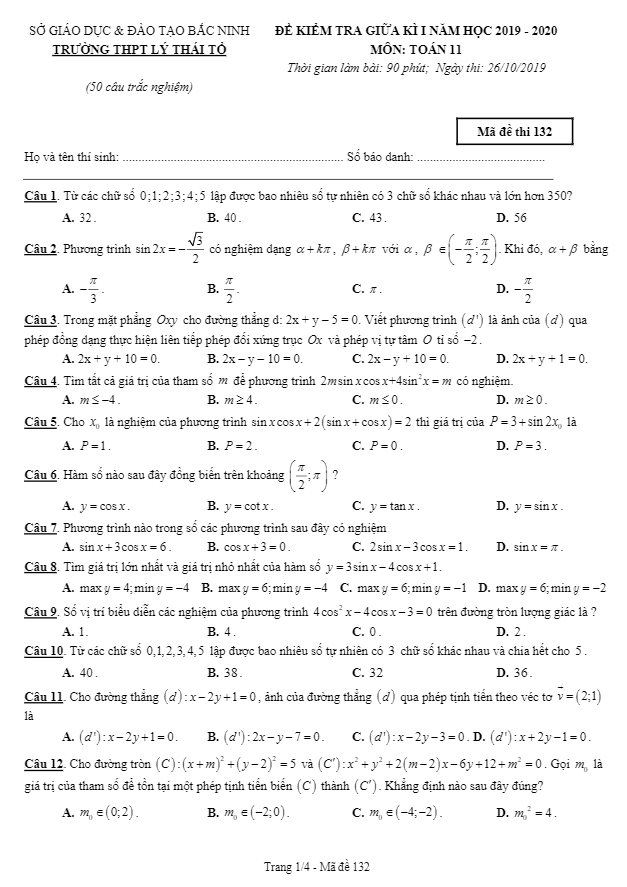 Đề kiểm tra giữa kỳ 1 Toán 11 năm 2019 2020 trường Lý Thái Tổ Bắc Ninh