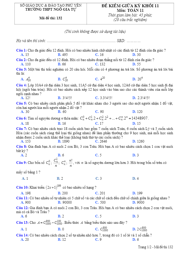 Đề kiểm tra giữa kỳ 1 Toán 11 năm 2019 2020 trường Ngô Gia Tự Phú Yên