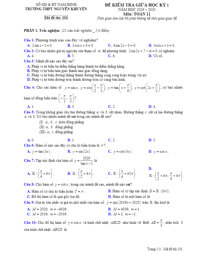 Đề kiểm tra giữa kỳ 1 Toán 11 năm 2019 2020 trường Nguyễn Khuyến Nam Định