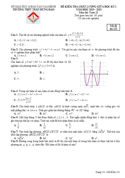 Đề kiểm tra giữa kỳ 1 Toán 12 năm 2019 2020 trường Trần Hưng Đạo Nam Định