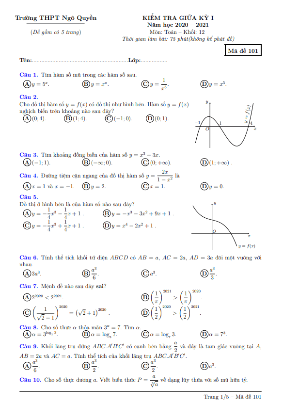 Đề kiểm tra giữa kỳ 1 Toán 12 năm 2020 2021 trường THPT Ngô Quyền Bình Thuận