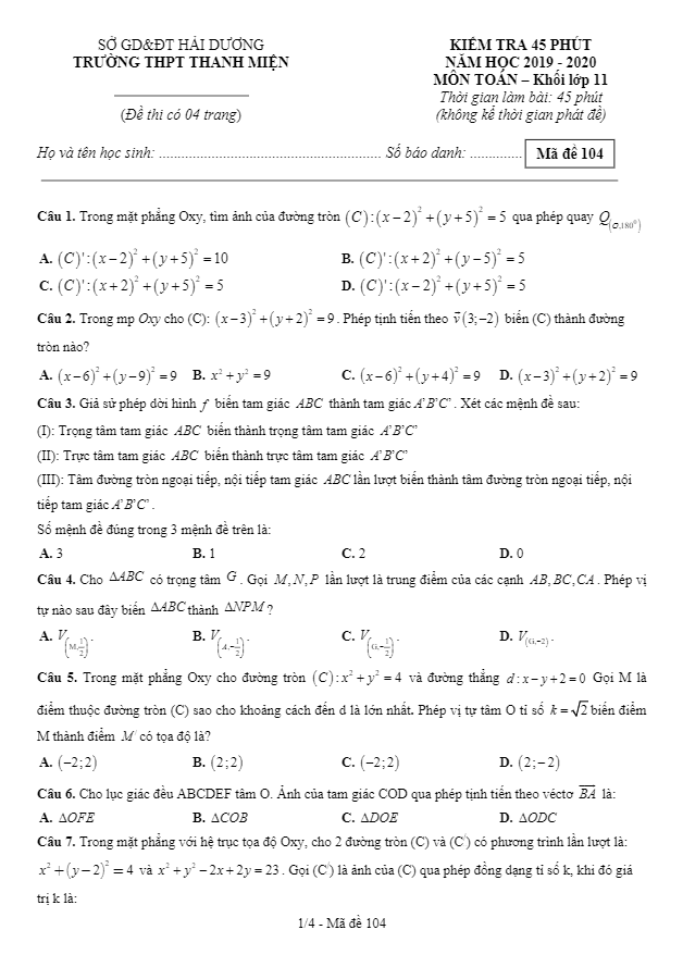 Đề kiểm tra Hình học 11 chương 1 năm 2019 2020 trường Thanh Miện Hải Dương