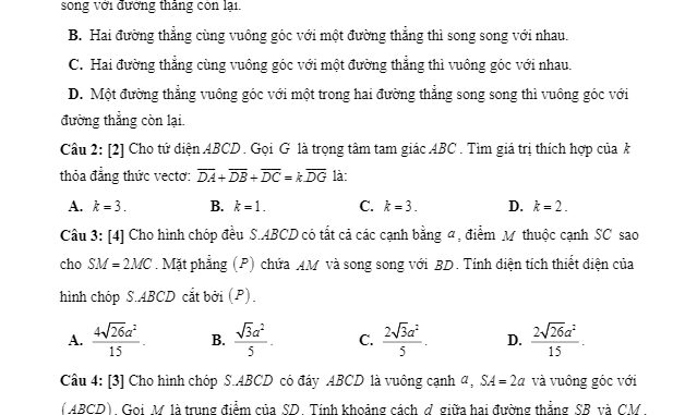 Đề kiểm tra Hình học 11 chương 3 năm 2018 2019 trường Đoàn Thượng Hải Dương