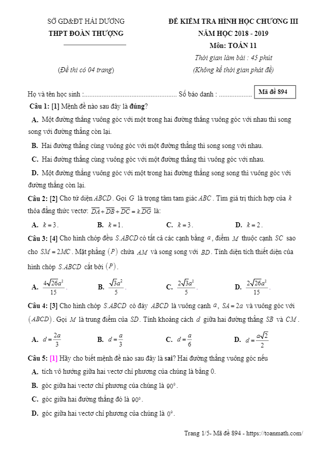 Đề kiểm tra Hình học 11 chương 3 năm 2018 2019 trường Đoàn Thượng Hải Dương