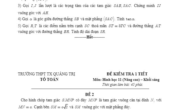 Đề kiểm tra Hình học 11 (nâng cao) chương 3 năm 2018 2019 trường Thị xã Quảng Trị