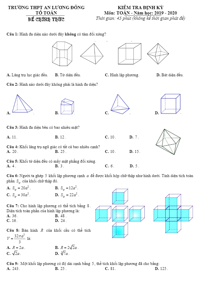Đề kiểm tra Hình học 12 chương 1 năm 2019 2020 trường An Lương Đông TT Huế