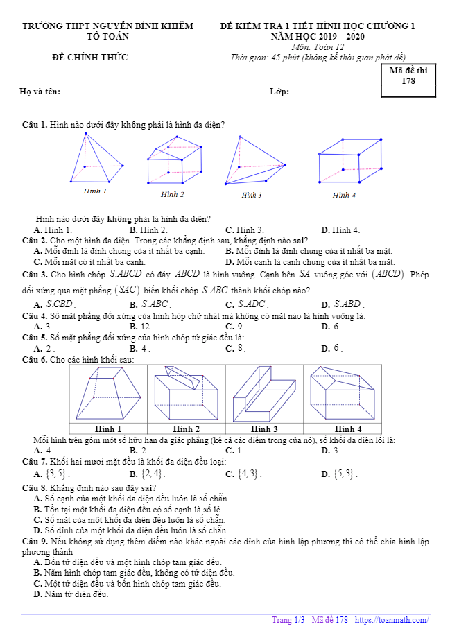 Đề kiểm tra Hình học 12 chương 1 năm 2019 2020 trường Nguyễn Bỉnh Khiêm Gia Lai