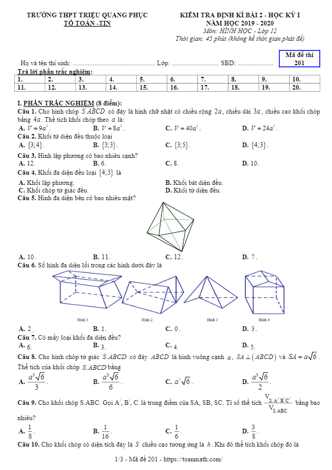 Đề kiểm tra Hình học 12 chương 1 năm 2019 2020 trường Triệu Quang Phục Hưng Yên